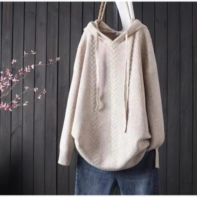Solid Color Hooded Lacing Mid length Knitwear Sweater Beige - Shop at LoveMi