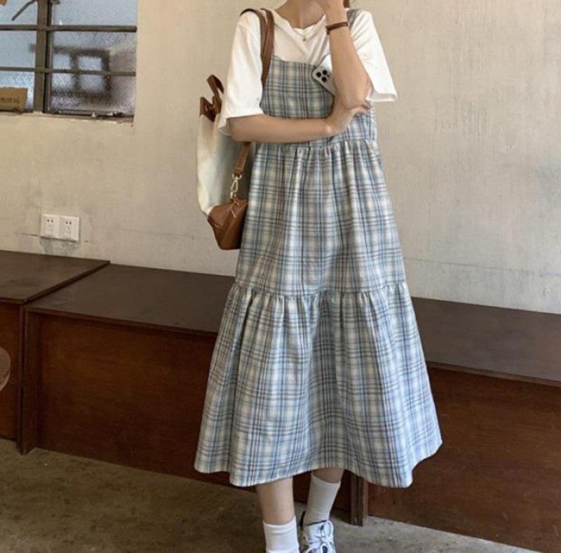 Blue Plaid Suspender Skirt