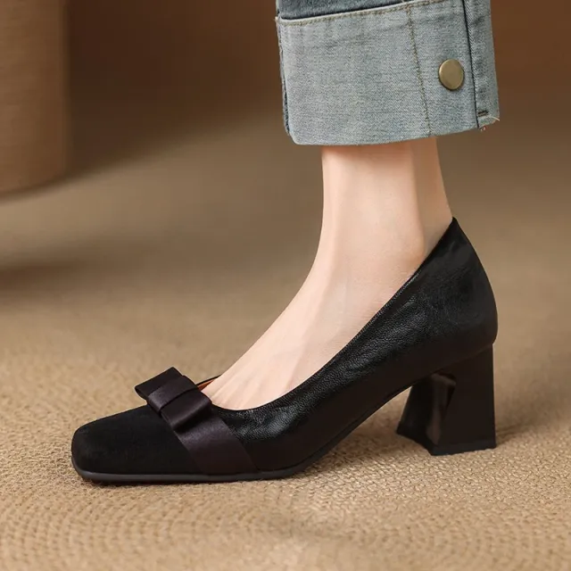 Retro Square Head Stitching Chunky Heel Pumps Women's Spring And Autumn New Bow Low cut High Heels Black - Shop at LoveMi
