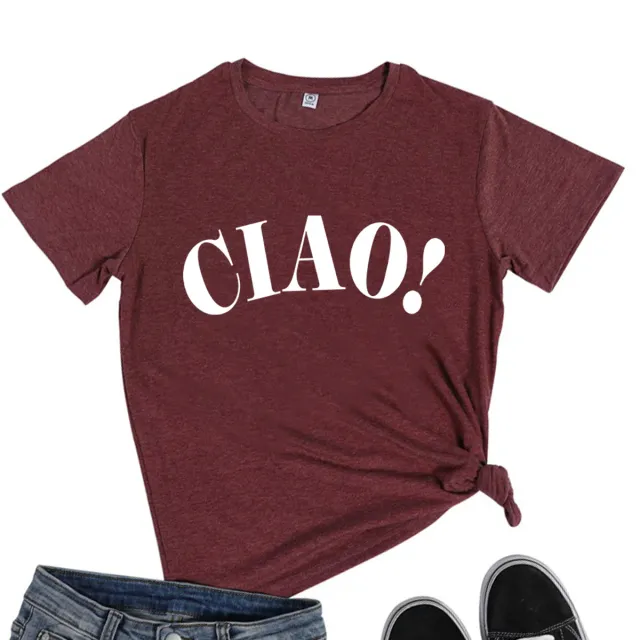 Summer Loose Casual CIAO Letter Printed Round Neck Short Sleeve T shirt Wine Red - Shop at LoveMi