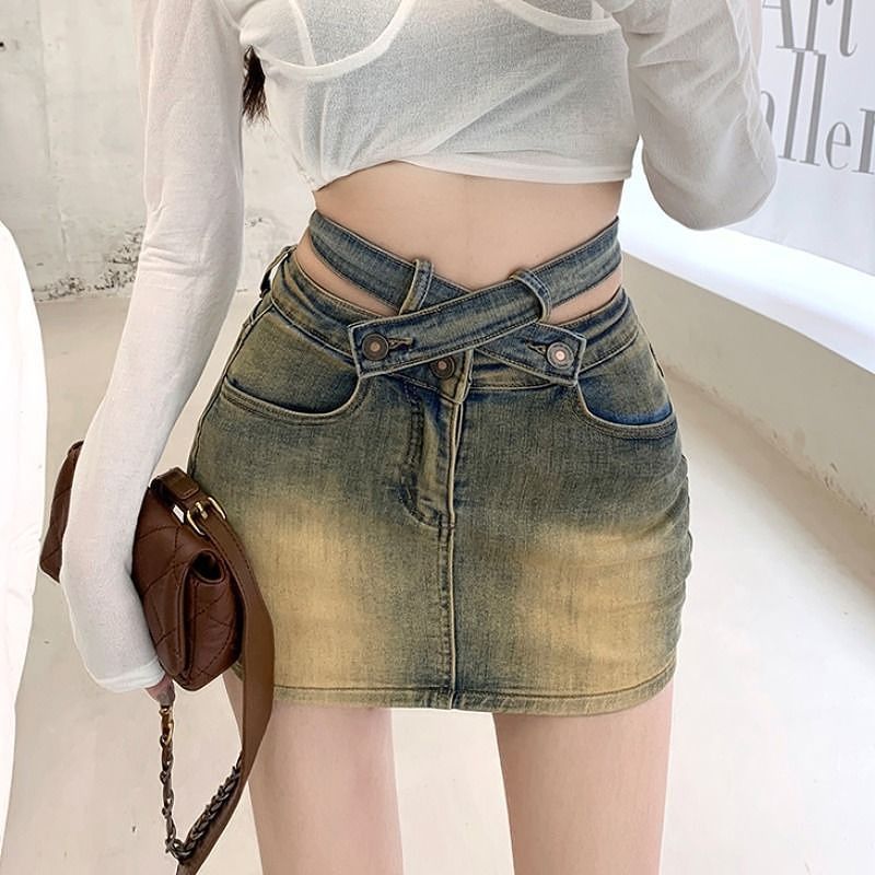 Retro Stretch High-Waist Denim Skirt For Women