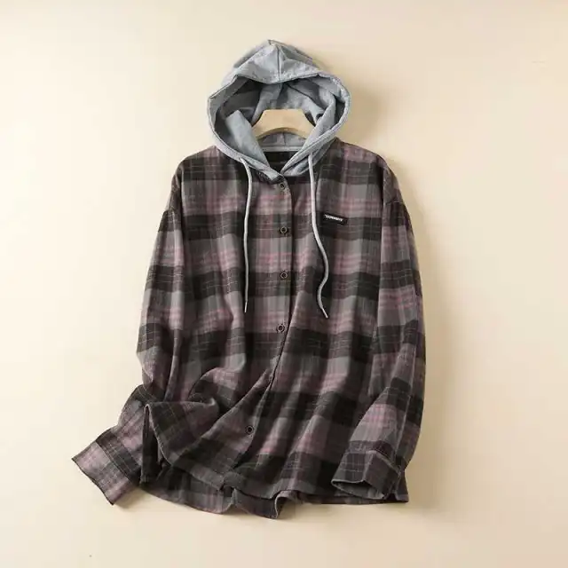 Women's Single breasted Plaid Thin Brushed Long Sleeve Shirt Artistic Casual Plus Size Red Ash Lattice - Shop at LoveMi