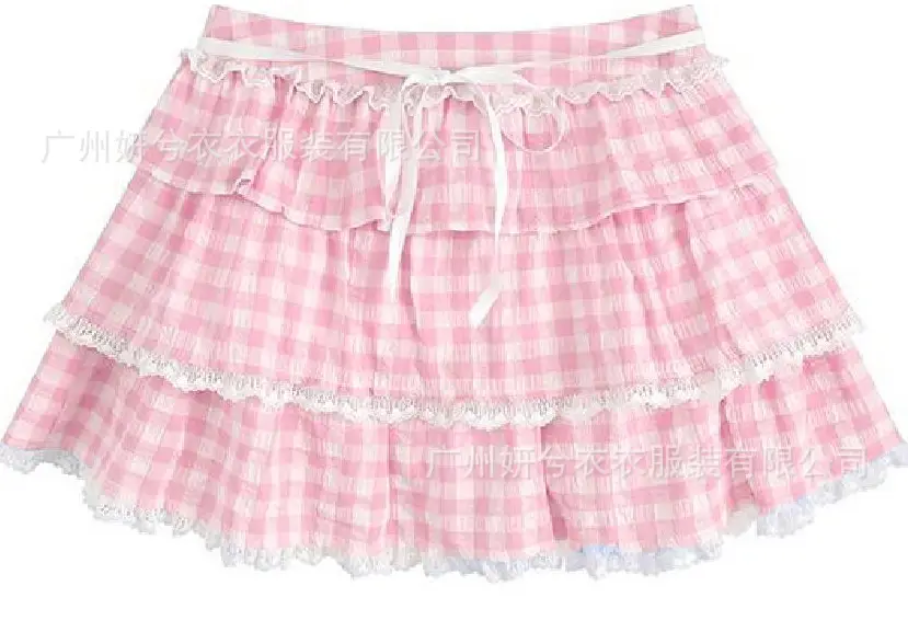 Sweet Preppy Style French Lace-trimmed Plaid Lace-up Puffy Mini Skirt