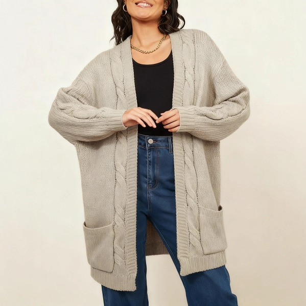 Solid-color Hooded Cable-knit Sweater Loose-fitting Womens Outerwear