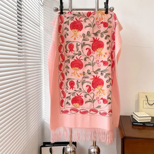 Contrast Color Pomegranate Leaf Embroidered Double sided Shawl Pink - Shop at LoveMi