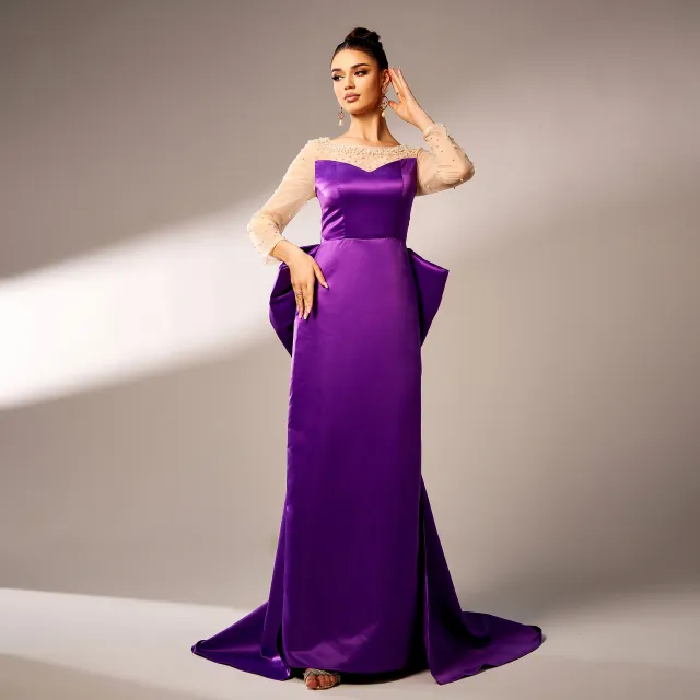 Long Sleeve Round Neck Party Beaded Big Bow Evening Dress Purple - Shop at LoveMi