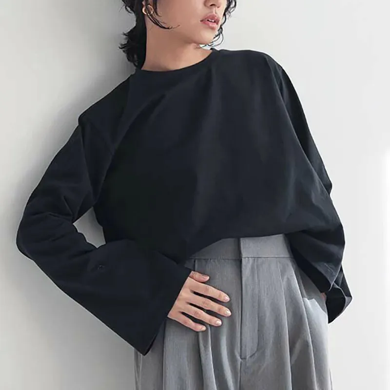 Simple Casual Solid Color Cotton Round Neck Bottoming Shirt - Black