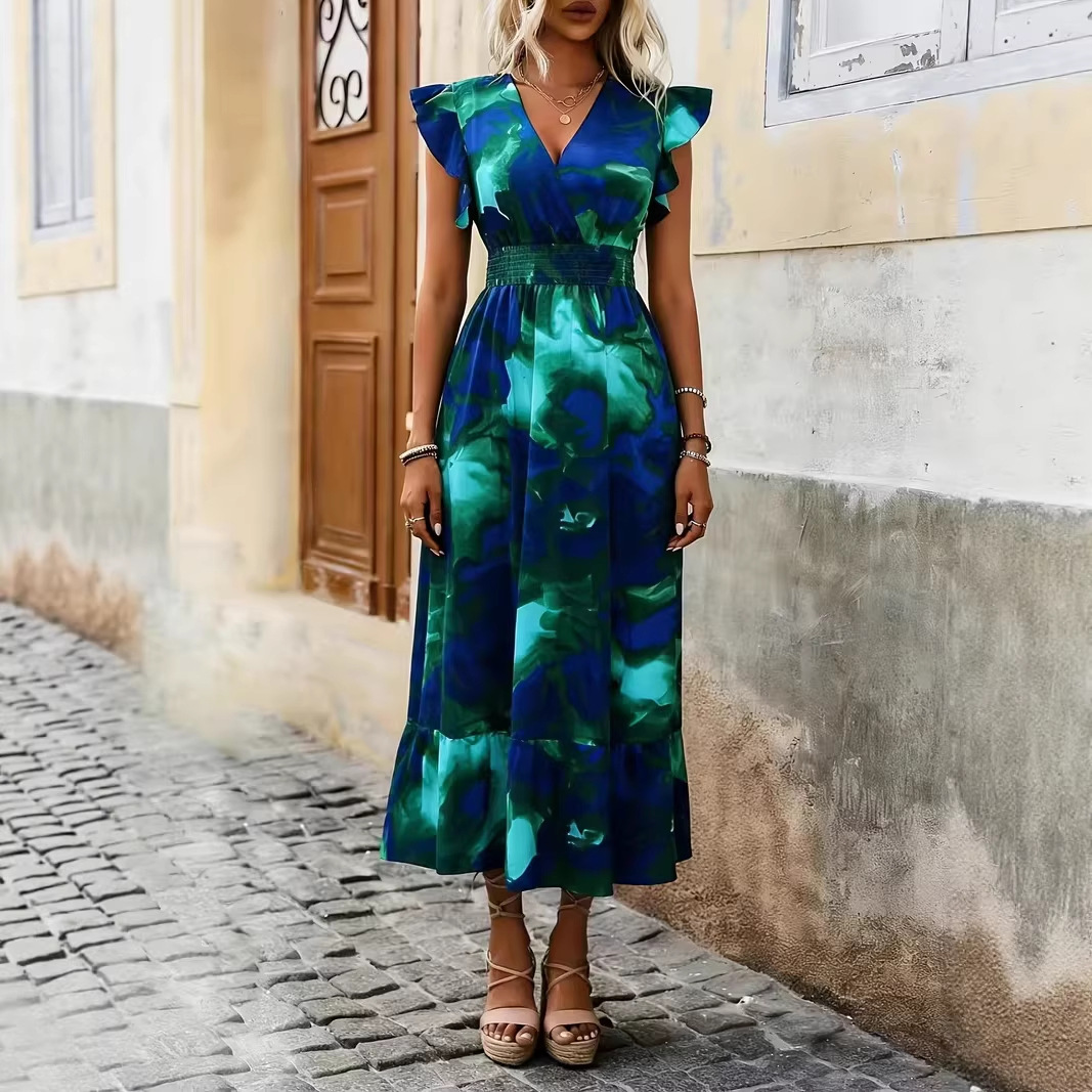 V-neck Waist-cinched Floral Dress For Women