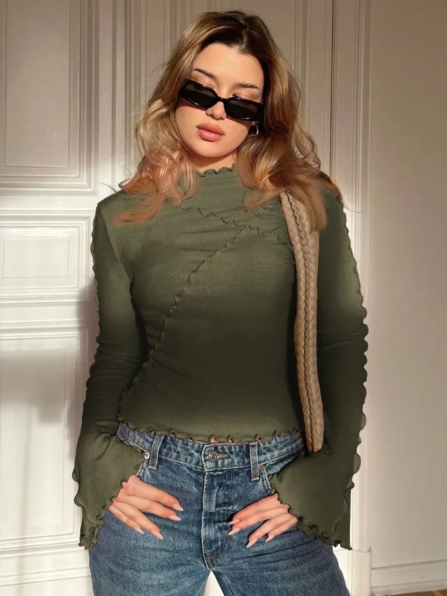 Asymmetric Turtleneck Flared Sleeves Long Sleeves Green - Shop at LoveMi