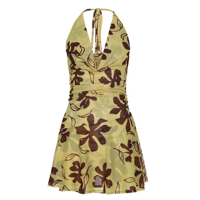 Halter Swing Collar Abstract Printing Sleeveless Dress Yellow - Shop at LoveMi