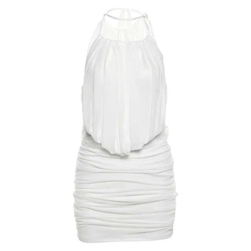 Women's Cross Lace-up Tube Top Vest Mesh Pleats Dress - White