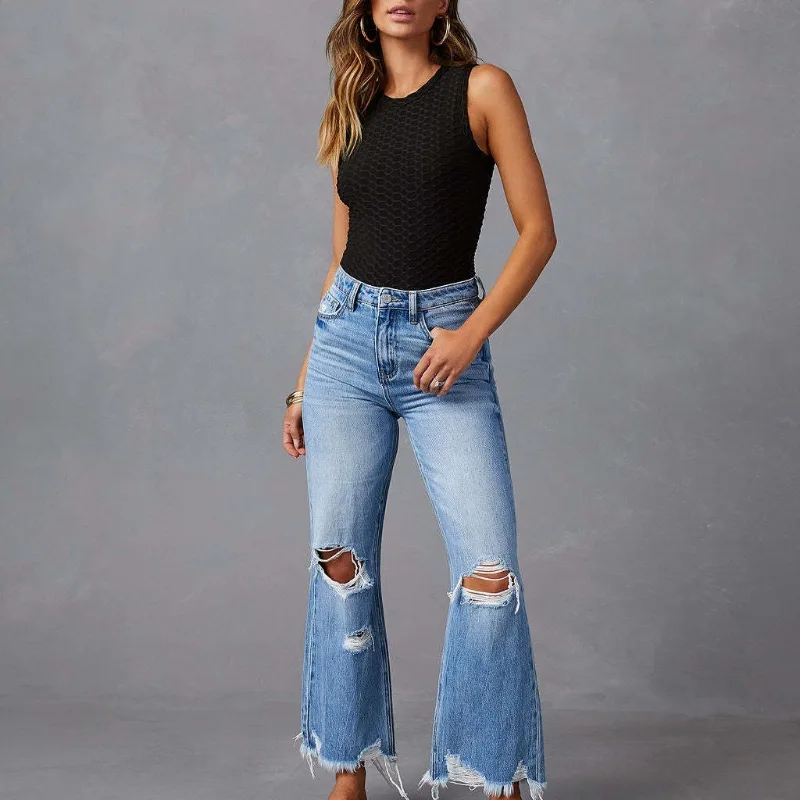 Water Washed Hole High Waist Trousers Wide Leg Pants