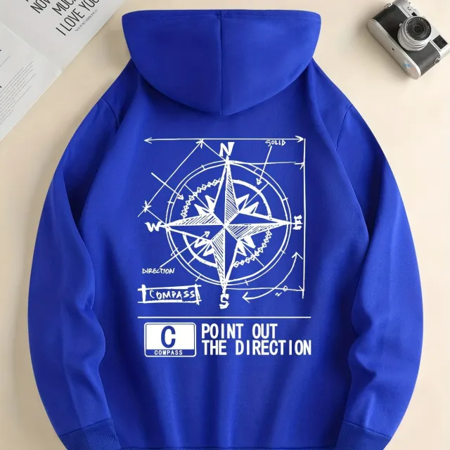 Fashion Green Compass Pattern Hoodie Casual Autumnwinter Pullover With Drawstring Kangaroo Pocke Blue - Shop at LoveMi