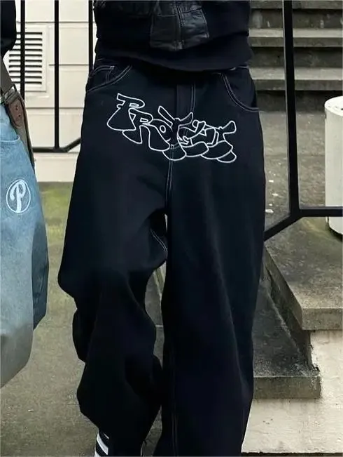 American Street Baggy Casual Men's Retro Hip Hop Printing Stylish Fashion High Waist Jeans - Black