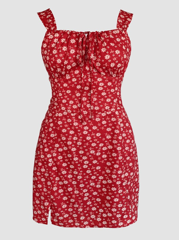 Women's floral print jumpsuit in green small floral, close-up of fabric and print