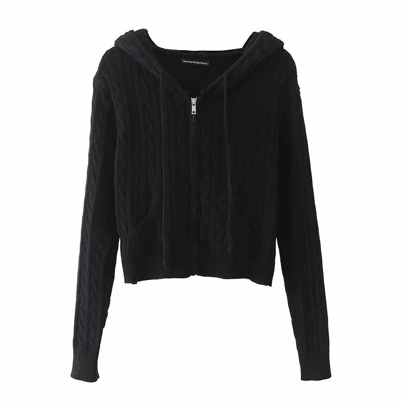 Short Spring And Autumn Hooded Twist Knitted Cardigan Coat For Women Black - Shop at LoveMi