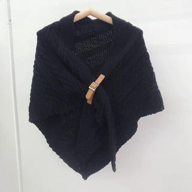 New Korean Style Hollow Leather Ring Big Triangle Shawl Cape Pure Color Warm Keeping Black - Shop at LoveMi