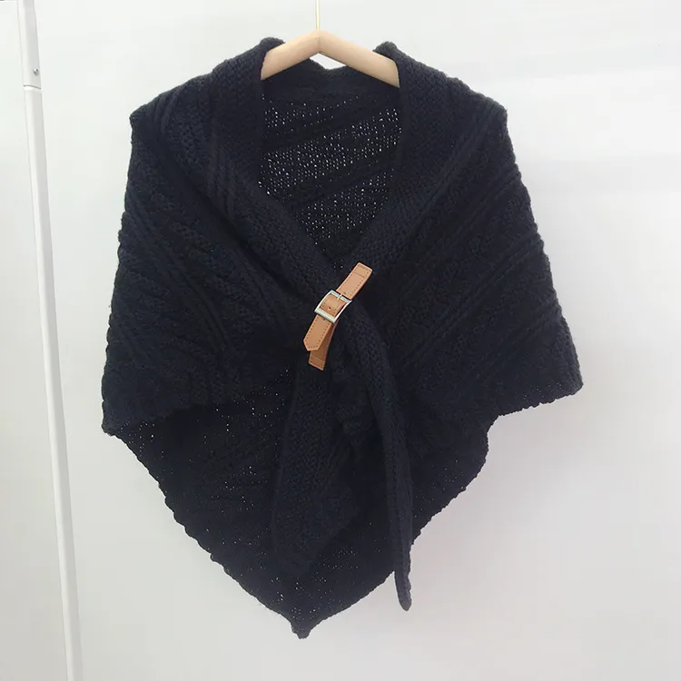 New Korean Style Hollow Leather Ring Big Triangle Shawl Cape Pure Color Warm Keeping - Black