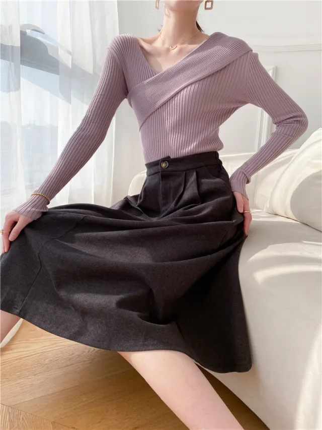 Crossbody Off the shoulder V neck Cross wire Knitted Sweater Purple - Shop at LoveMi
