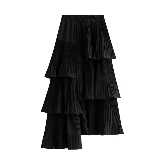 Asymmetric Pleated Cake Ruffled Irregular Skirt Black - Shop at LoveMi