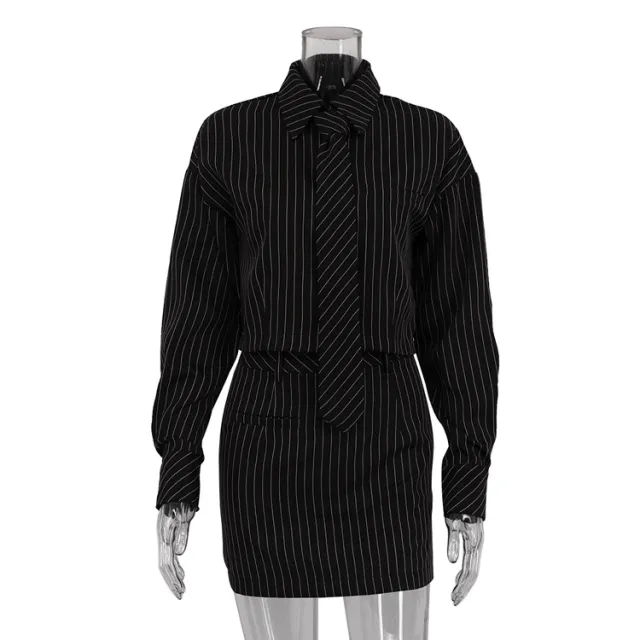 Striped Long Sleeve Tie Shirt Outfit Package Hip Skirt Two piece Set Black - Shop at LoveMi