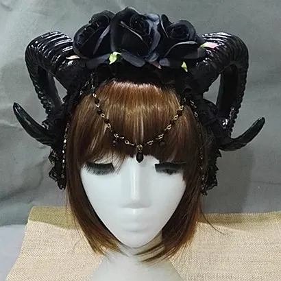 Three Roses Headband Halloween Vampire Demonsheep Horn Veil Hair Accessories Black - Shop at LoveMi