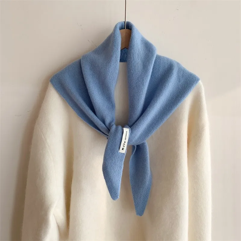 Womens Solid-Colour Wool Knit Triangle Scarf Shawl For FallWinter - 31 Sky Blue
