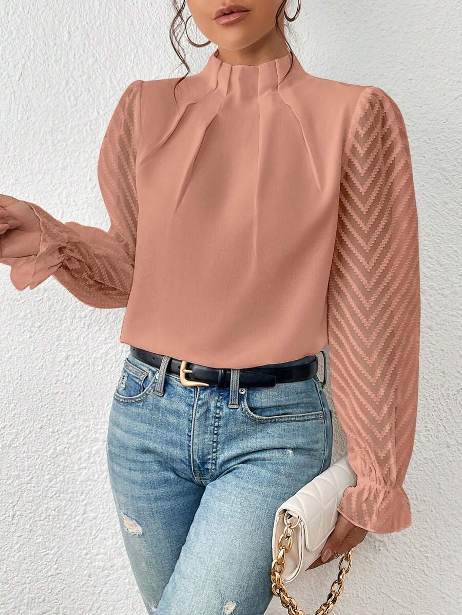 Women's Half-turtleneck Stitching Wavy Chiffon Long-sleeved Top - Image 1