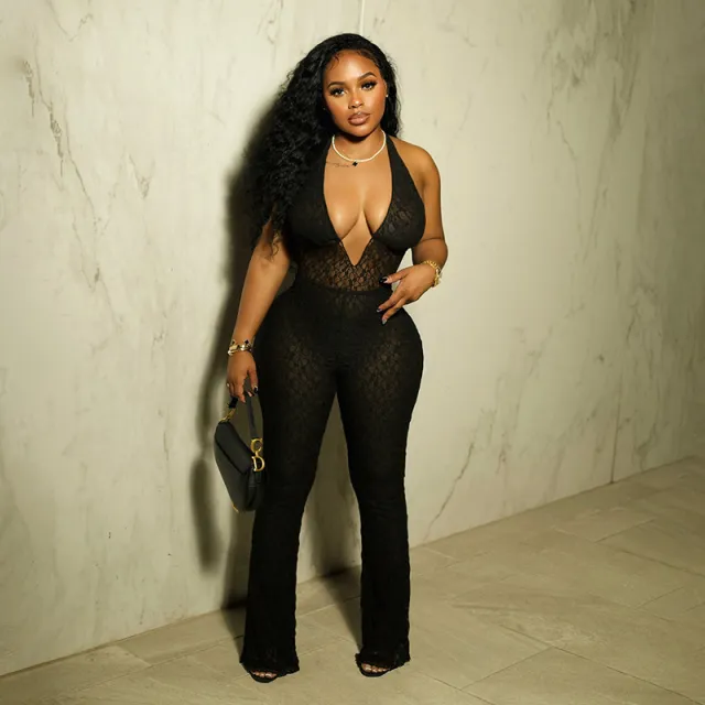 Halter Deep V neck See through Lace Lace up Backless Jumpsuit Black - Shop at LoveMi