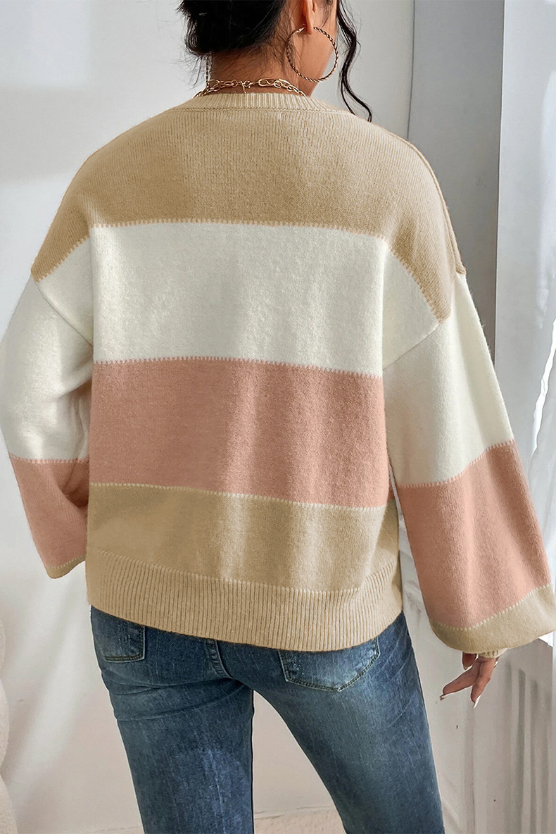 Title 4, Color-block Crew Neck Sweater Casual Loose Shou...