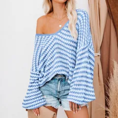 Women's Fashion Casual Wave Striped Puff Sleeve Loose Sweater - Blue - View 1