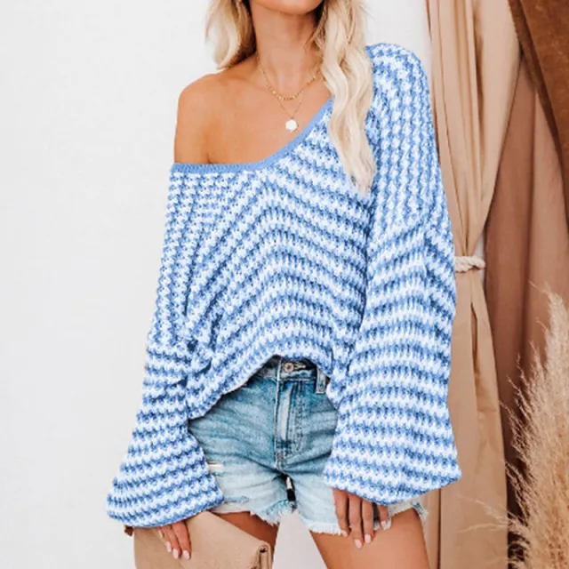 Women's Fashion Casual Wave Striped Puff Sleeve Loose Sweater Blue - Shop at LoveMi