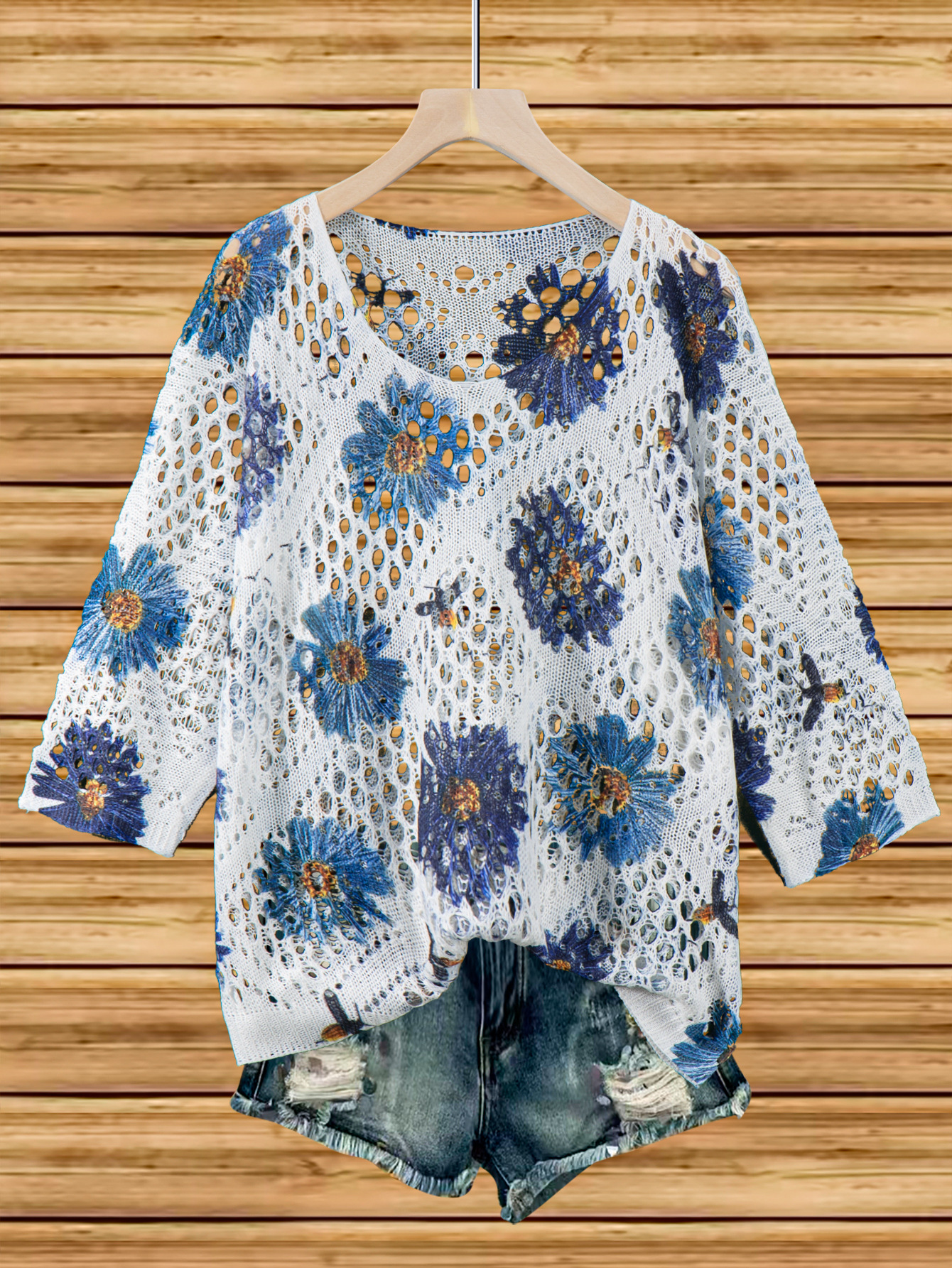 Women's Batwing-Sleeve Sweater 3D Knitted Print Style 8010 – hollowed-out relaxed fit