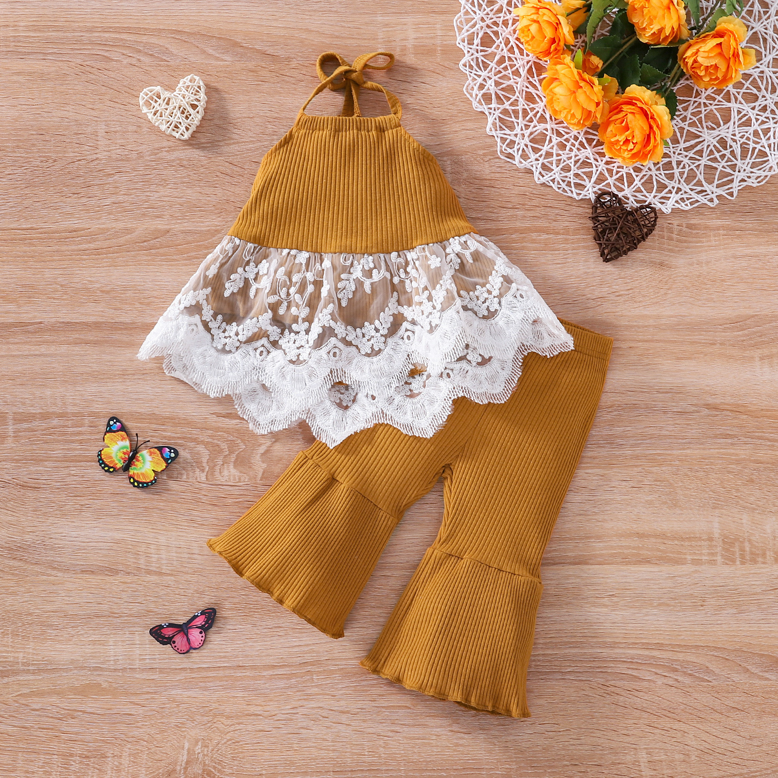 Title 3, Lace Halterneck Top Solid Color Flared Pants Tw...