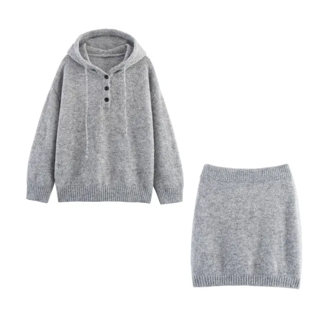 Autumn New Hooded Knitted Sweater Long Sleeve Pullover Short Mid length Dress Set Light Gray - Shop at LoveMi