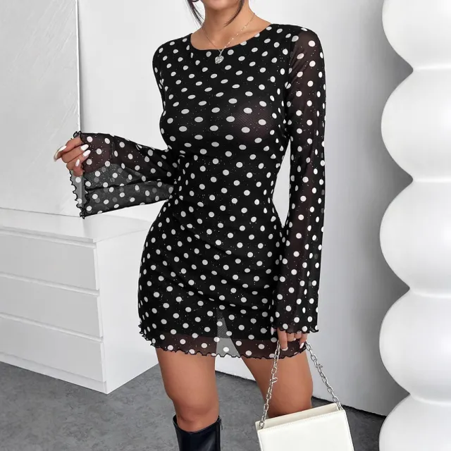 Elegant Women's Mesh Polka Dot Printed Crew Neck Backless Long Sleeve Dress Black - Shop at LoveMi