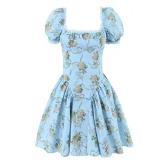 Blue Rose Cotton Printed Mini Dress - Blue - View 1