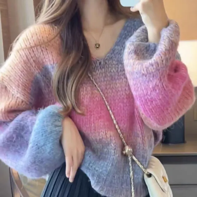 Lazy Fashion V neck Striped Gradient Sweater Rose Red - Shop at LoveMi