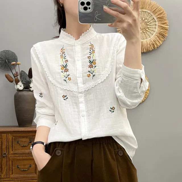 2830 Collar Embroidered Lace Cotton Yarn Long Sleeve Shirt White - Shop at LoveMi