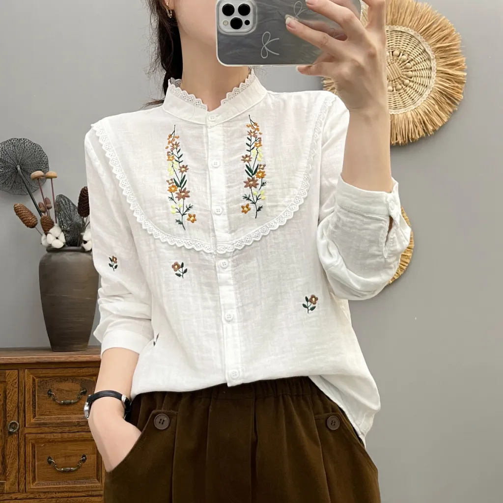 2830 Collar Embroidered Lace Cotton Yarn Long Sleeve Shirt - White
