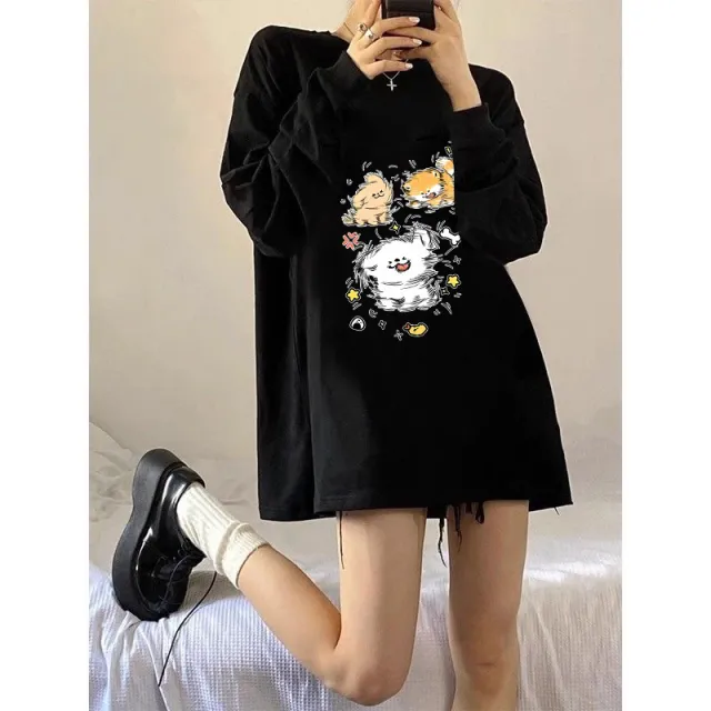 New Loose Niche Long sleeved Top For Spring And Autumn Black Three Little Dogs - Shop at LoveMi