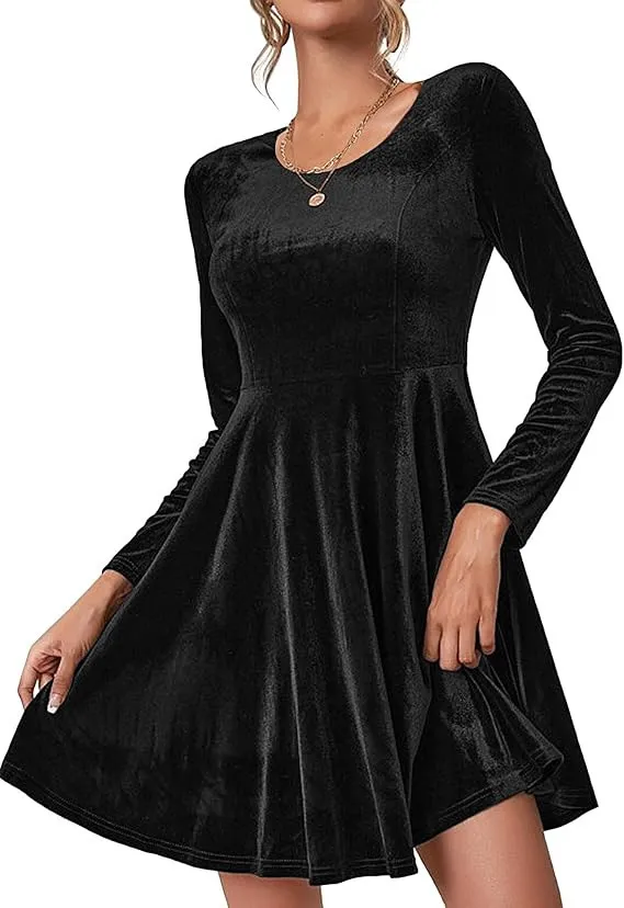 Womens Solid Color Long Sleeve Crew Neck Velvet Maxi Dress For Valentines Day Black - Shop at LoveMi