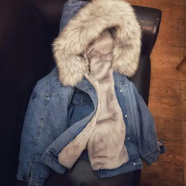 Loose Thick Plush Fur Collar Denim Coat For Women Gray - Shop at LoveMi