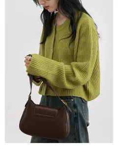 Autumn And Winter Simple Round Neck Knitted Cardigan - Green - View 1