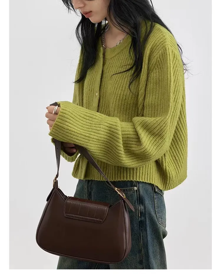 Autumn And Winter Simple Round Neck Knitted Cardigan - Green