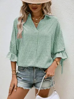 Spring And Summer Striped Flared Batwing Sleeve 34 Sleeve Back Slit V-neck Casual Shirt - Green - View 1