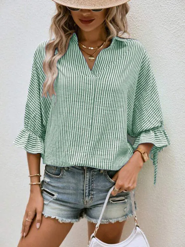 Spring And Summer Striped Flared Batwing Sleeve 34 Sleeve Back Slit V neck Casual Shirt Emerald Green - Shop at LoveMi