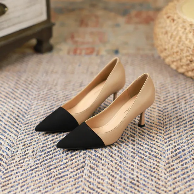 Color blocking Stiletto Heel Pumps Female Commuter Shallow Mouth Pointed Khaki - Shop at LoveMi