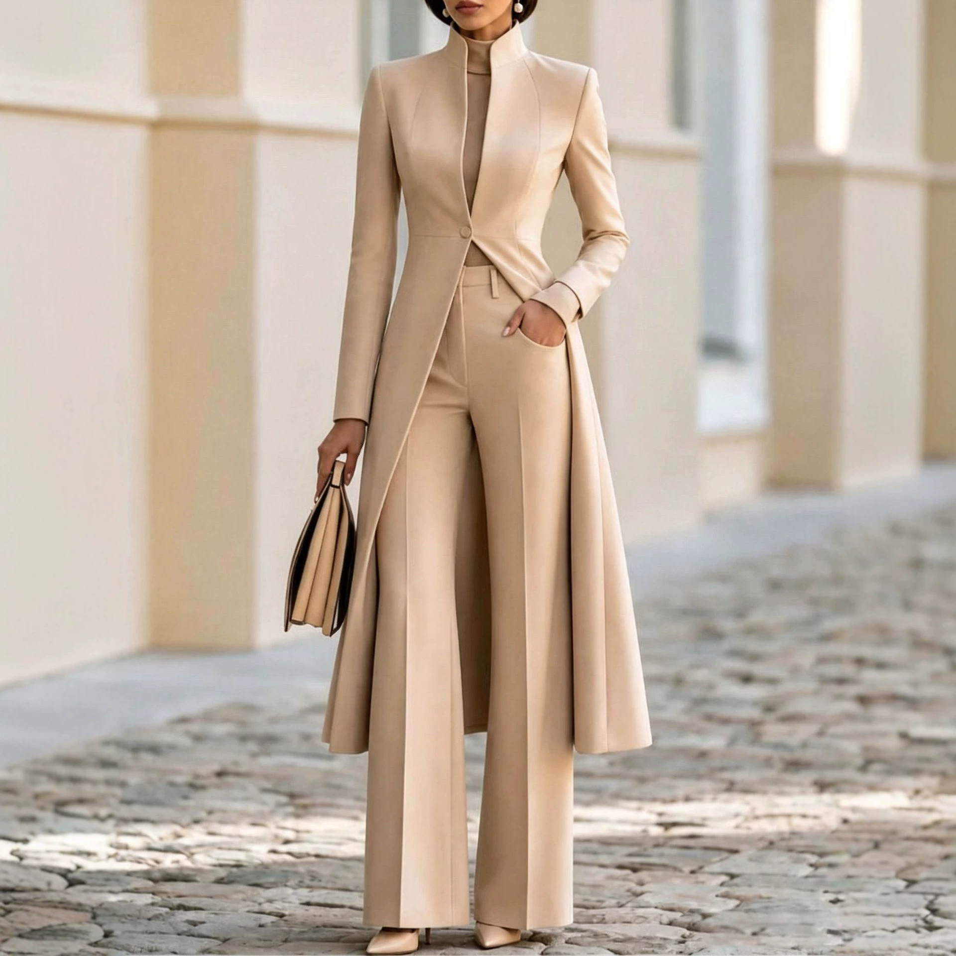 Set de jachetă lungă și pantaloni largi pentru femei - ținută elegantă din două piese pentru ținută casual