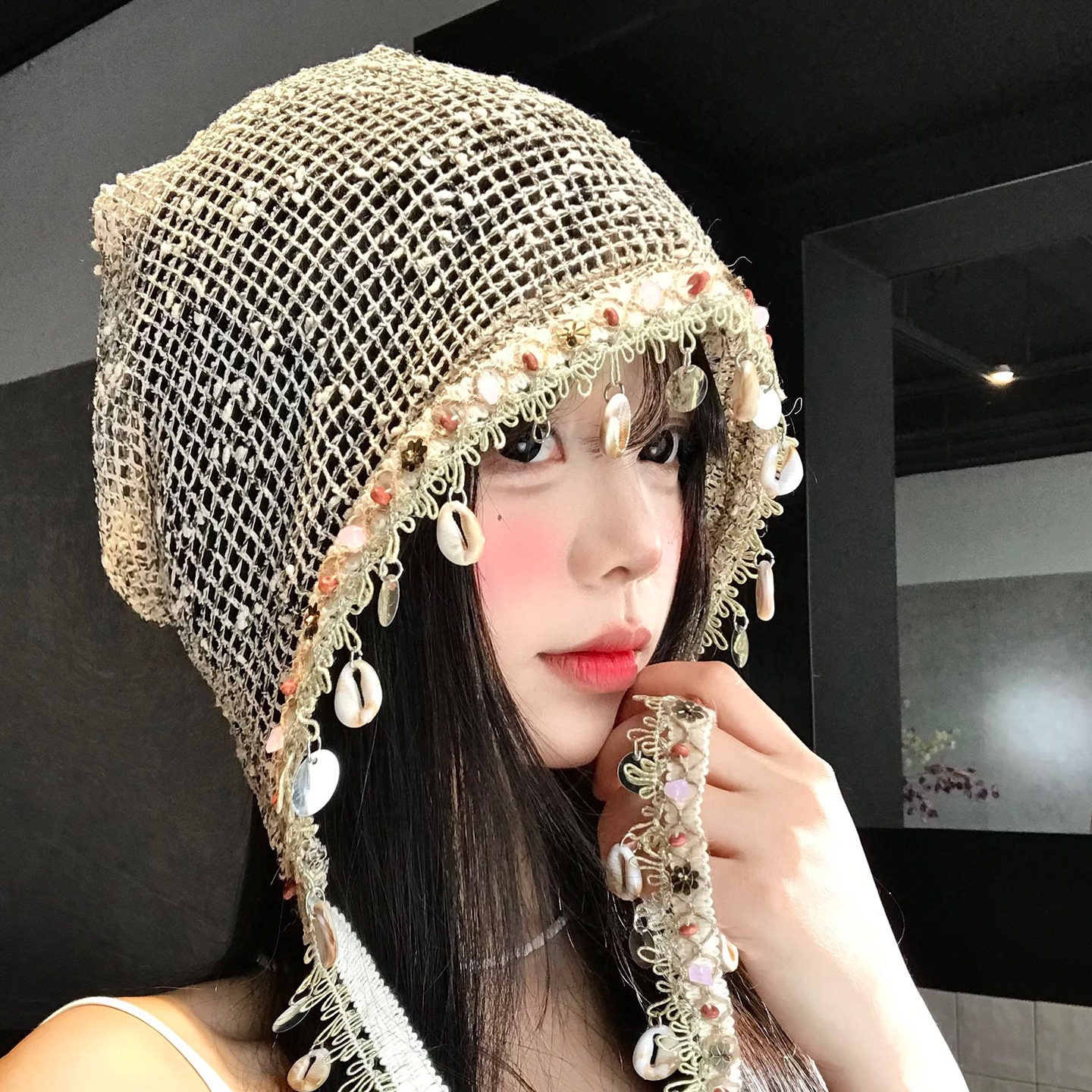 Shell-shaped Tassel Hollowed-out Headwrap Hat For Women